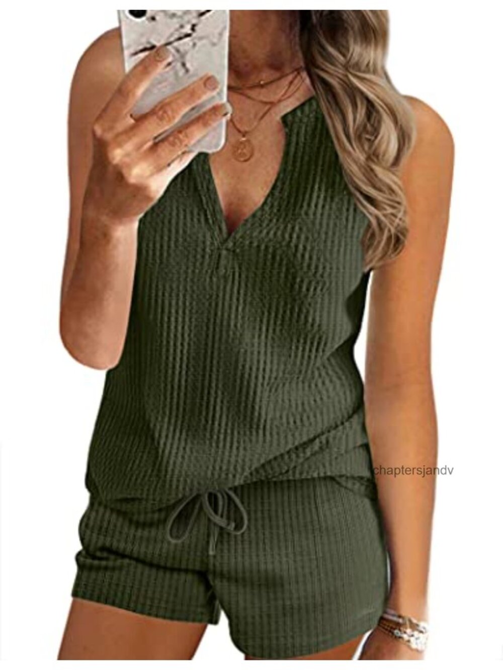 Ekouaer 2 Piece Waffle Knit Short Set Sleeveless V Neck Top Lounge Set